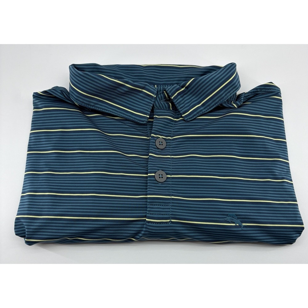 Tommy Bahama Shirt Mens Med Island Zone Blue Yellow Stripe Performance Golf Polo - Picture 3 of 7